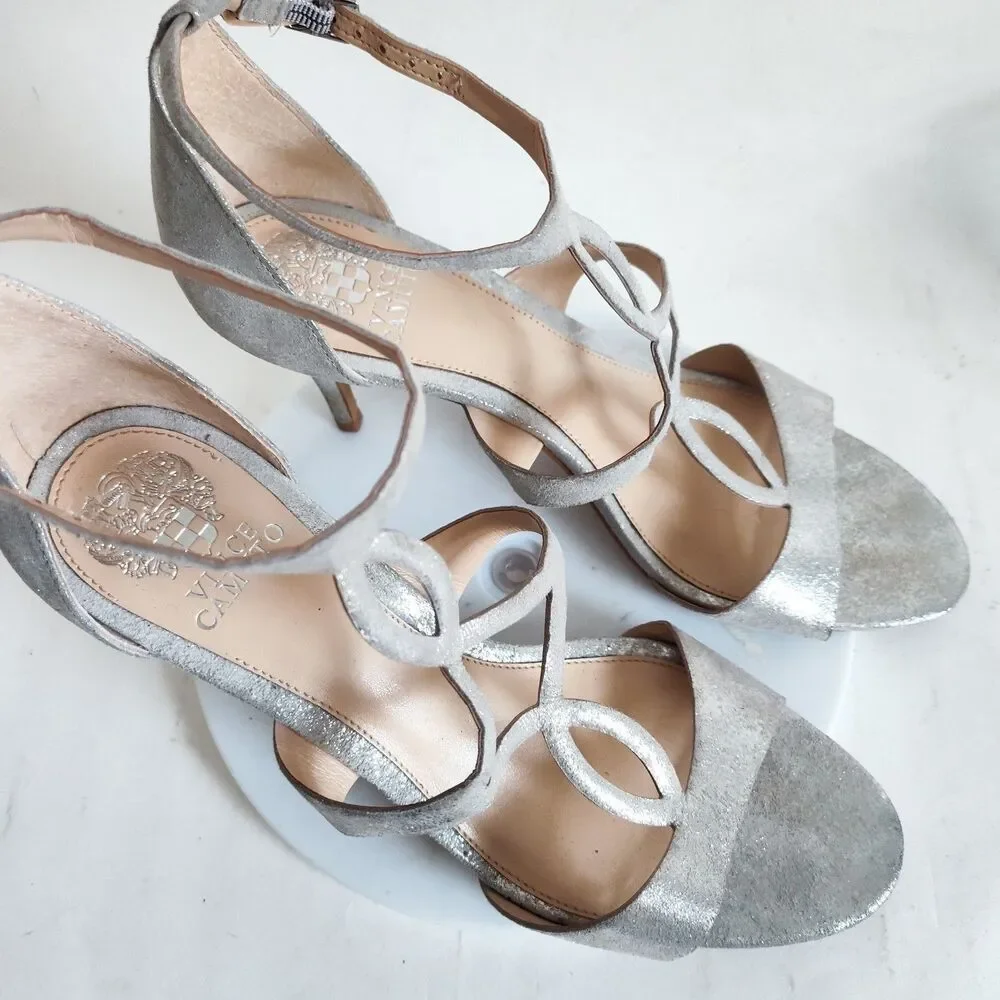 New Vince Camuto Sandals Size 10‎ Leather Silver Formal Strappy Heels Payto Gala